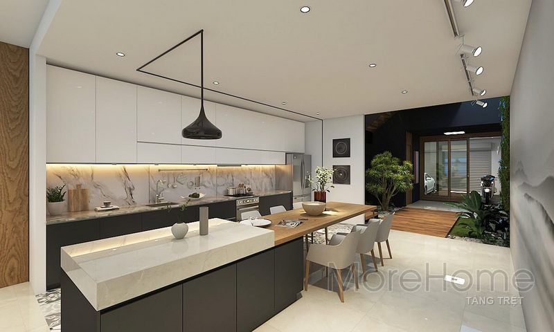 Hệ thống tủ bếp hiện đại với tông màu đối lập sẽ giúp giảm ánh sáng trong căn phòng.