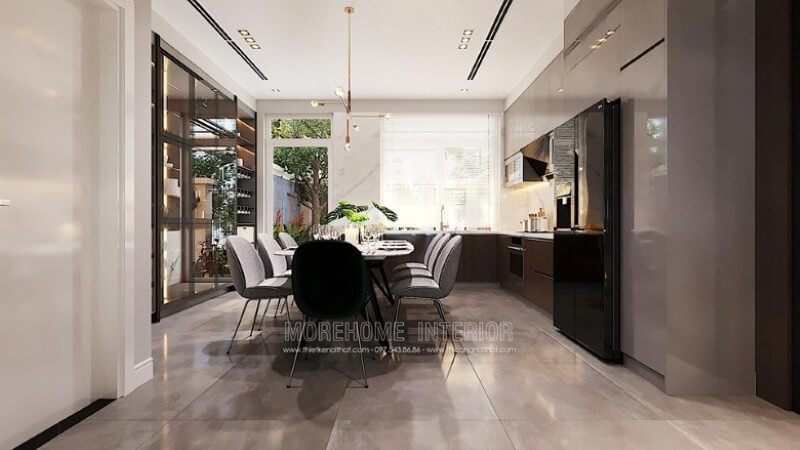 Tạo ra một thiết kế nội thất phòng bếp biệt thự phong cách hiện đại sang trọng và kết nối với phòng ăn.