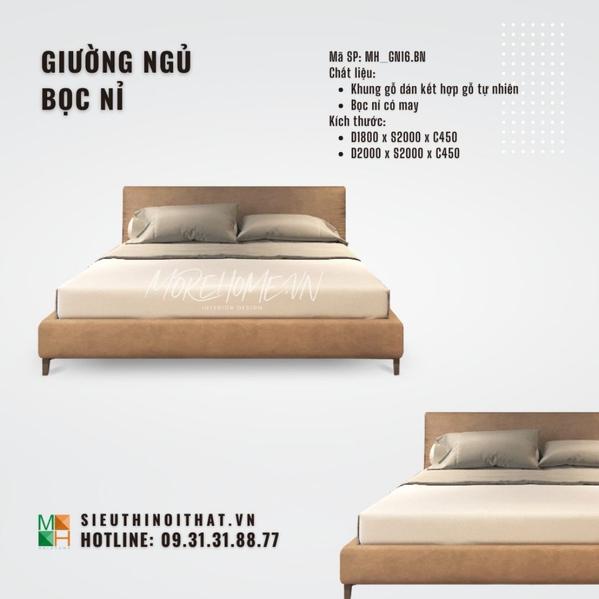 Ảnh của Giường ngủ gỗ bọc nỉ cỏ may hiện đại